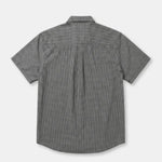 A short-sleeve button-up shirt with a small-scale black and white micro-check pattern, shown from the back on a light gray background.