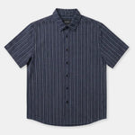 A short-sleeve button-up shirt with a navy blue base and thin white vertical pinstripes, displayed flat against a light gray background.