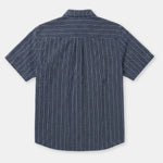 A short-sleeve button-up shirt with vertical white pinstripes on a navy blue base, shown from the back against a light gray background.