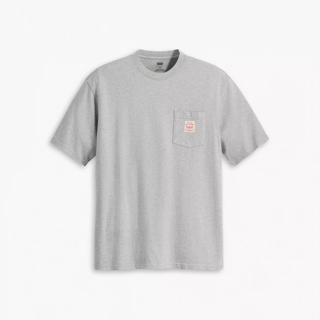 Gray t-shirt with a small logo on the chest pocket against a white background
