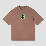 Brown t-shirt with a green logo on a light gray background