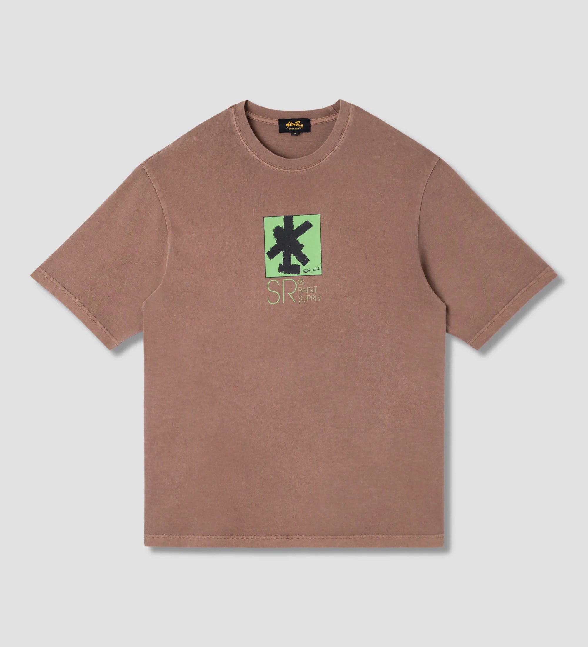 Brown t-shirt with a green logo on a light gray background
