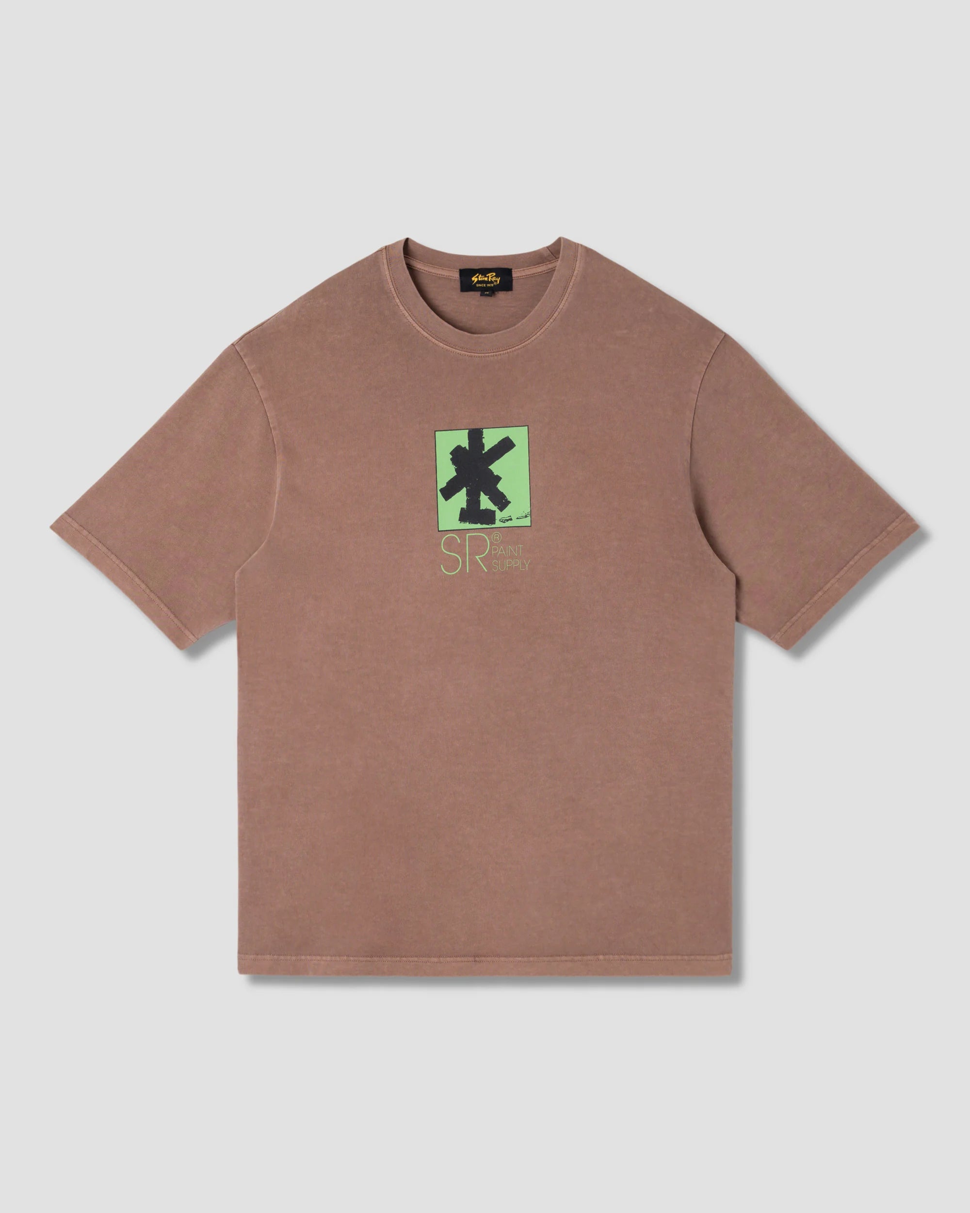 Brown t-shirt with a green logo on a light gray background