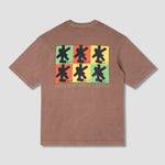 Brown t-shirt with colorful graphic on the back against a light gray background