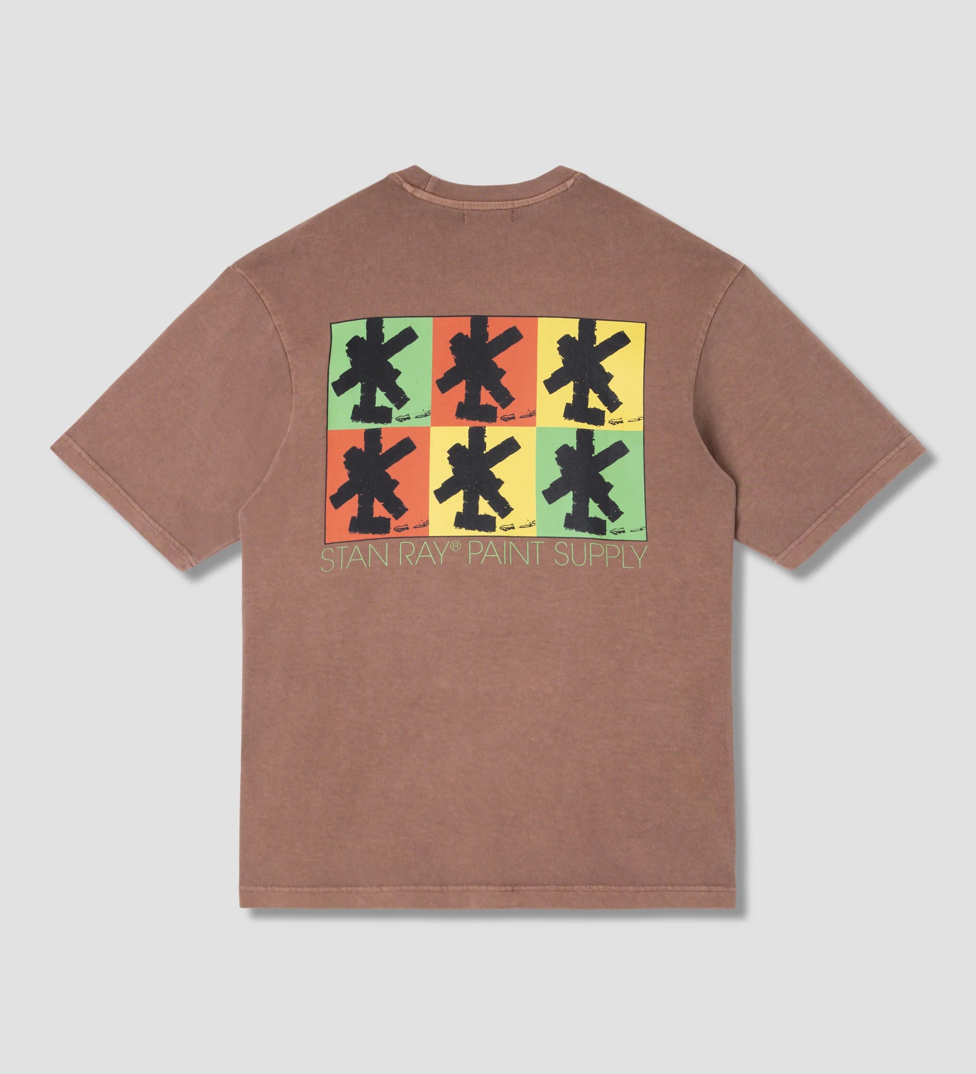 Brown t-shirt with colorful graphic on the back against a light gray background