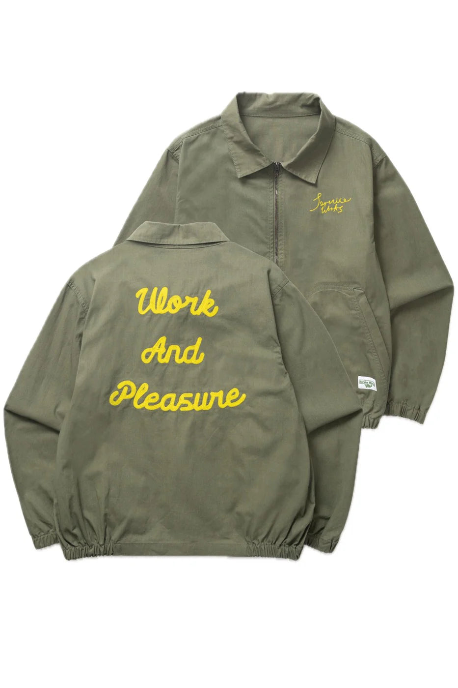 Green jacket with yellow text on a white background