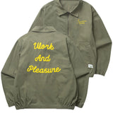 Green jacket with yellow text on a white background