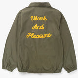 Green jacket with 'Work And Pleasure' text on the back against a white background