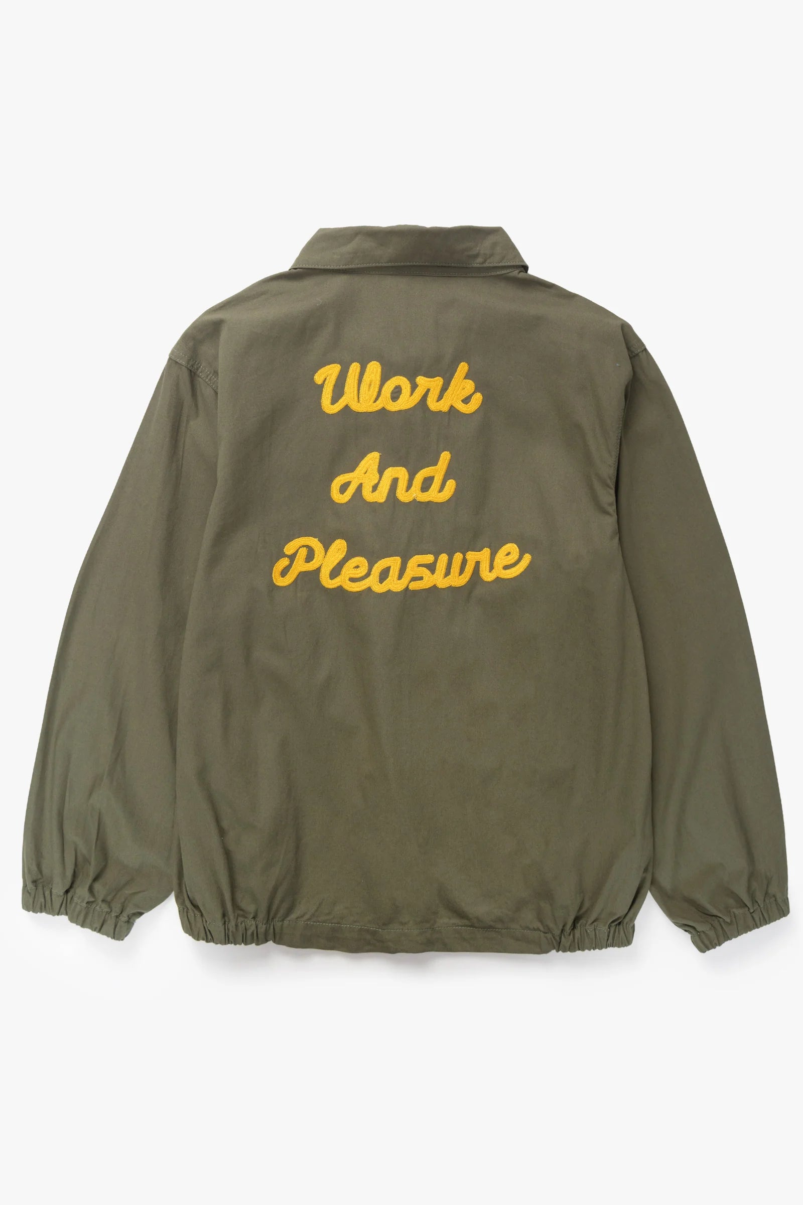 Green jacket with 'Work And Pleasure' text on the back against a white background