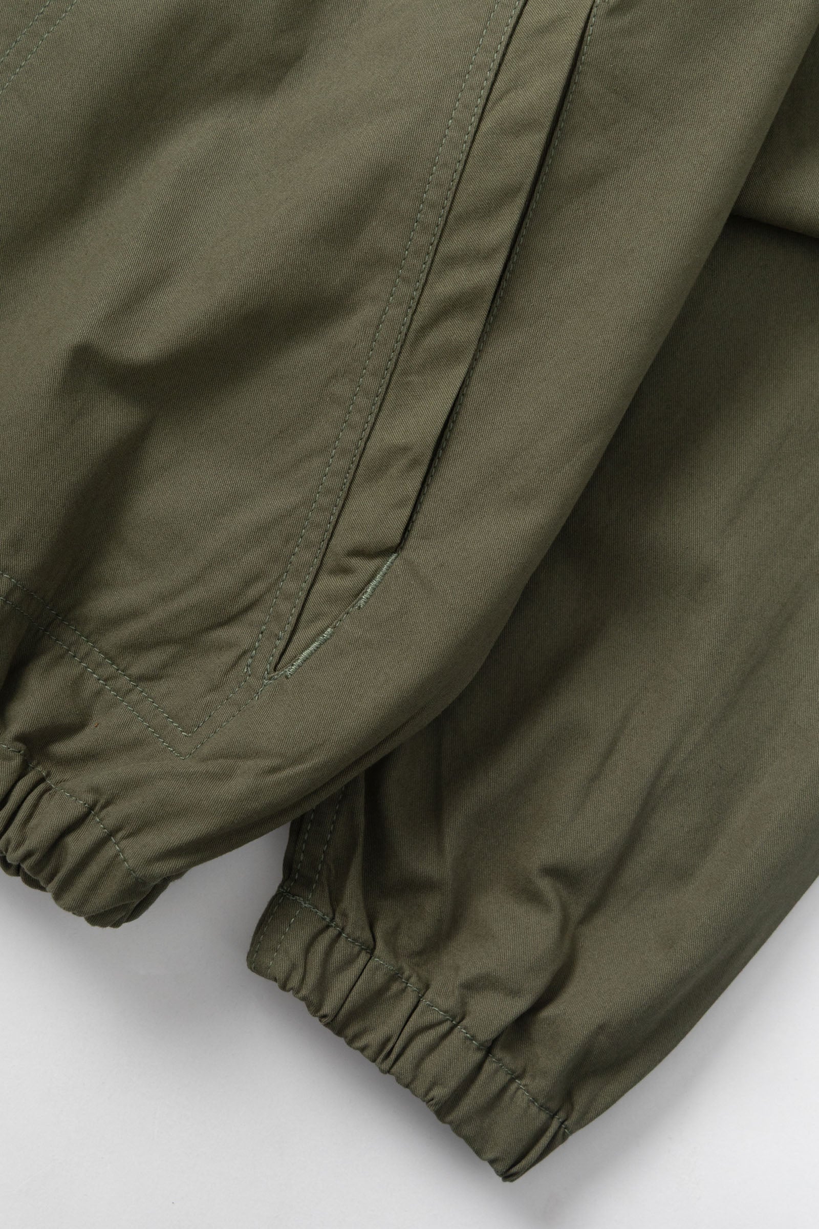 Close-up of olive green pants on a light gray background