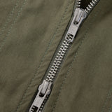 Close-up of a silver zipper on a green jacket