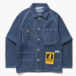 Blue striped work jacket with patches on a white background