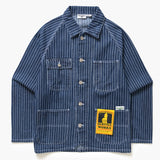 Blue striped work jacket with patches on a white background