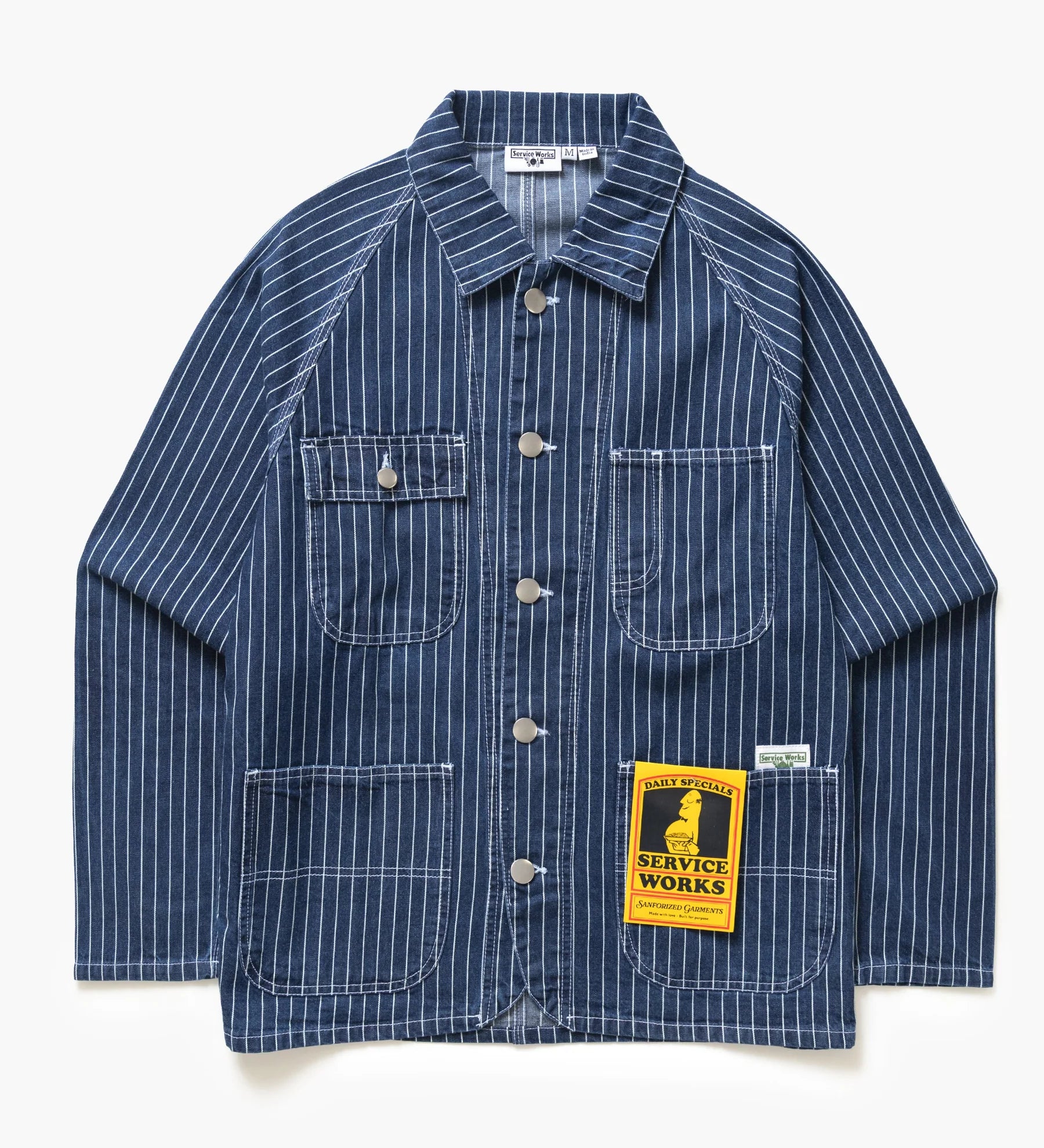 Blue striped work jacket with patches on a white background