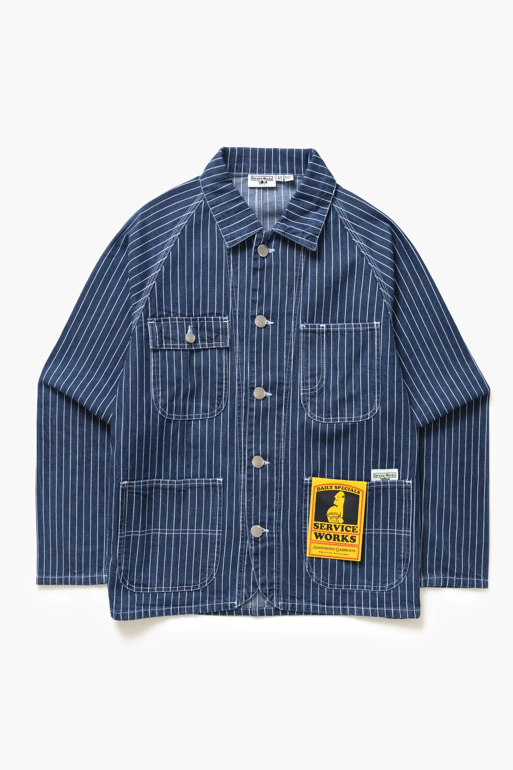 Blue striped work jacket with patches on a white background