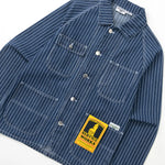 Blue striped shirt with a label on a white background