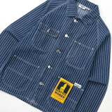 Blue striped shirt with a label on a white background
