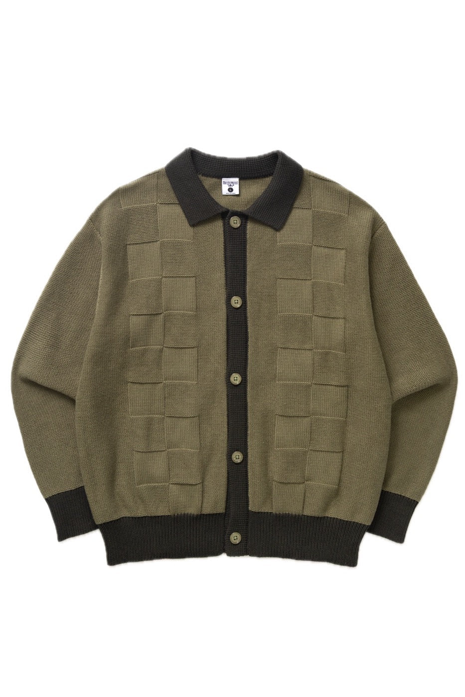 Green cardigan with black collar and cuffs on a white background