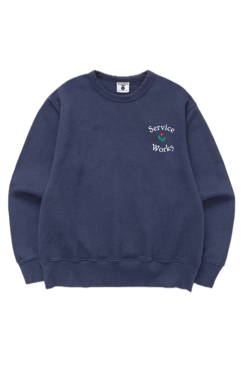 Navy blue sweatshirt with 'Service Works' text on a white background