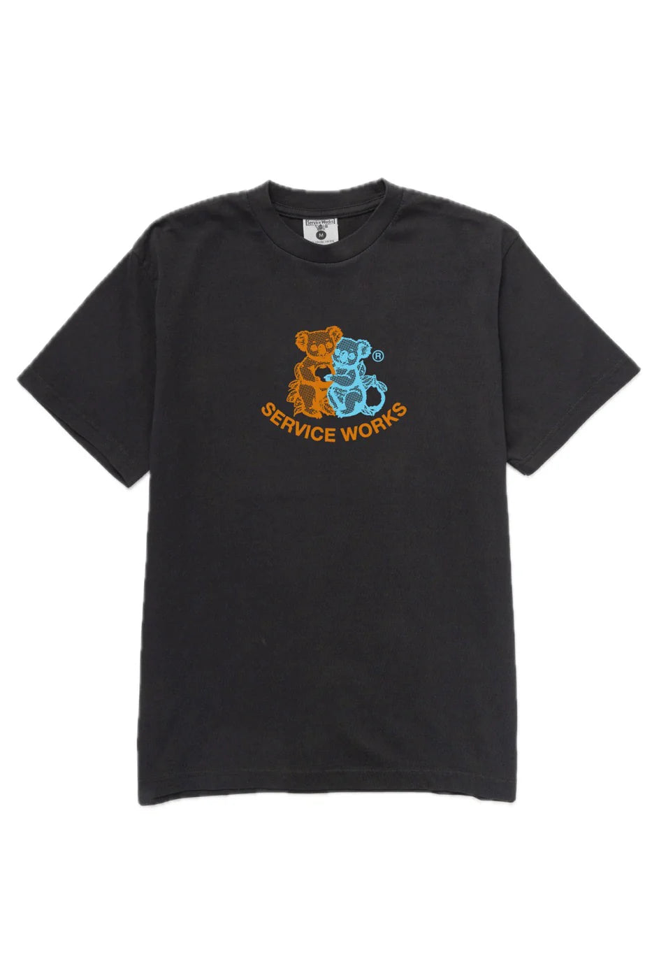 Black t-shirt with a colorful graphic and 'Service Works' text on a white background