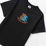 Black t-shirt with a logo featuring two bears on a white background