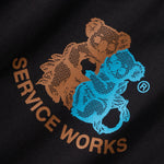 Black sweatshirt with brown and blue bear logo and 'Service Works' text.