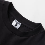 Black t-shirt with a small logo on a white background