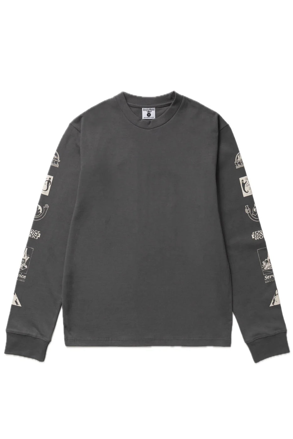 Black long-sleeve shirt with graphic designs on sleeves against a white background