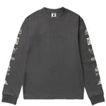 Black long-sleeve shirt with graphic designs on sleeves against a white background
