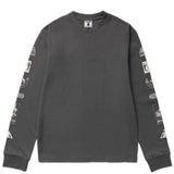 Black long-sleeve shirt with graphic designs on sleeves against a white background