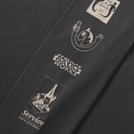 Black apron with white logos and text on a black background