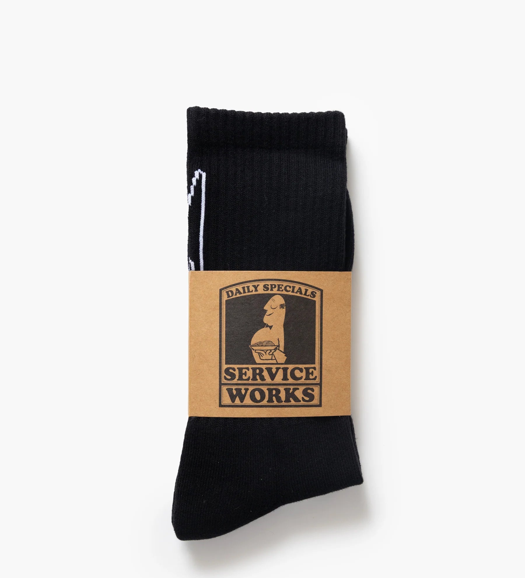 Black sock with a brown label on a white background
