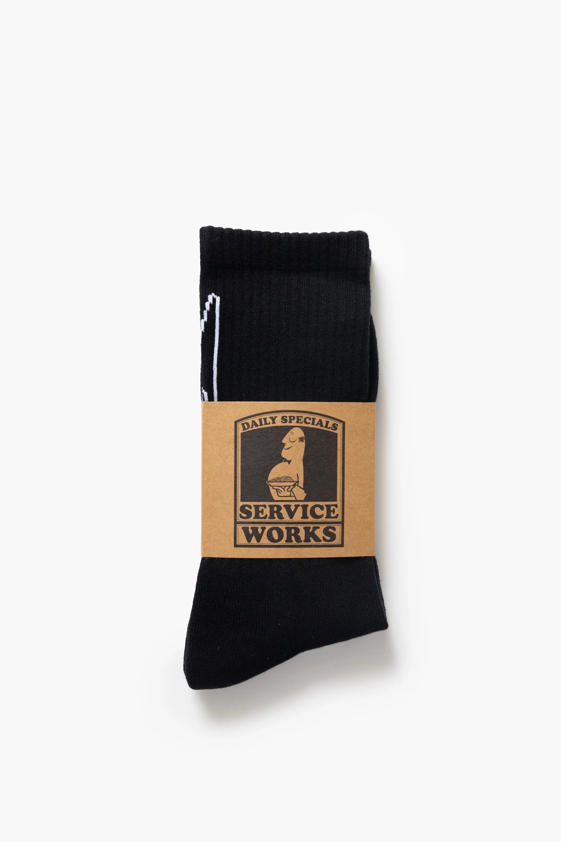 Black sock with a brown label on a white background