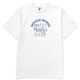 White t-shirt with a graphic design and text on a white background