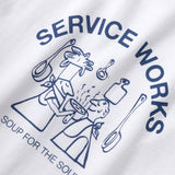 White t-shirt with blue graphic and text 'Service Works Soup for the Soul' on a white background
