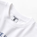 White t-shirt with a logo and text on a white background