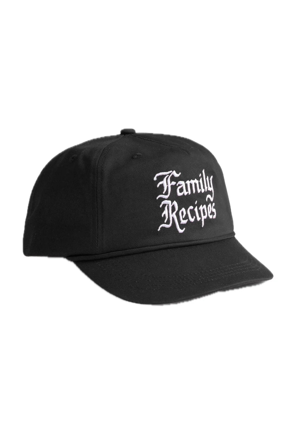 Black cap with 'Family Recipes' text on a white background