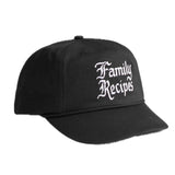 Black cap with 'Family Recipes' text on a white background