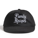 Black cap with 'Family Recipes' text on a white background
