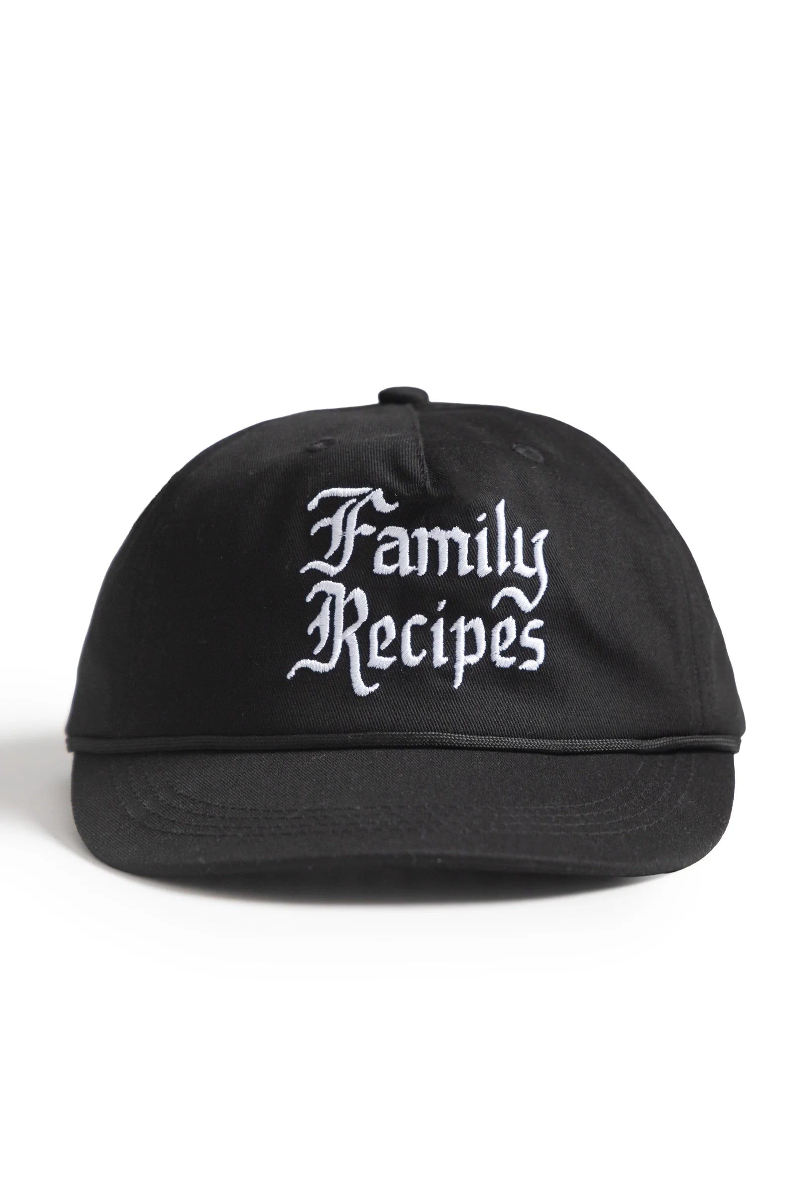 Black cap with 'Family Recipes' text on a white background