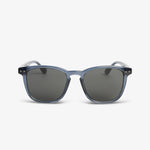Sunglasses with blue frame and dark lenses on a white background