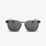 Sunglasses with blue frame and dark lenses on a white background