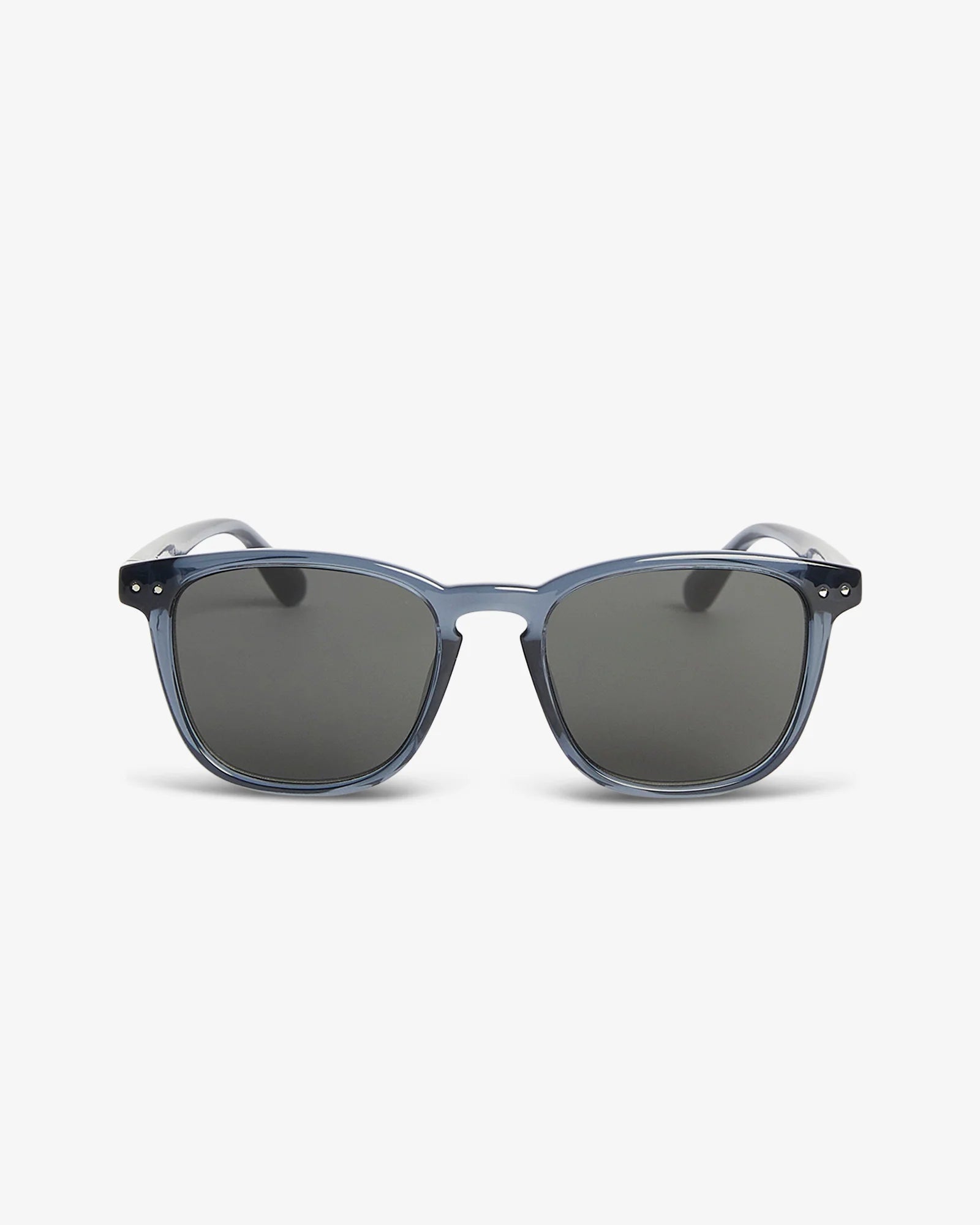Sunglasses with blue frame and dark lenses on a white background