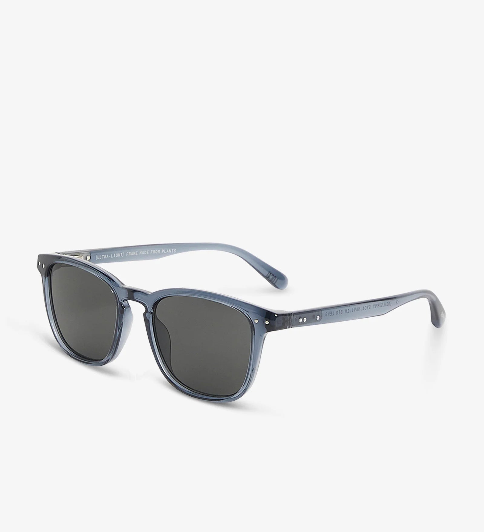 Sunglasses with a blue frame and dark lenses on a white background