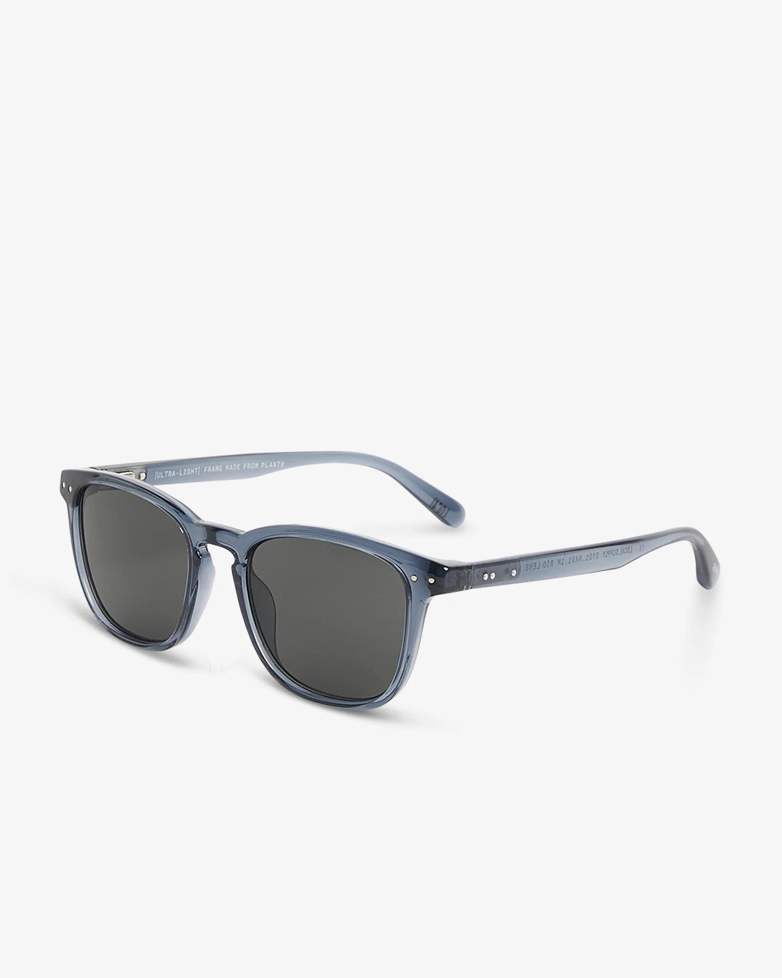 Sunglasses with a blue frame and dark lenses on a white background