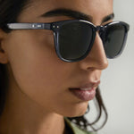 Close-up of a person wearing dark sunglasses with a neutral background