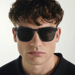Man wearing dark sunglasses with a neutral background