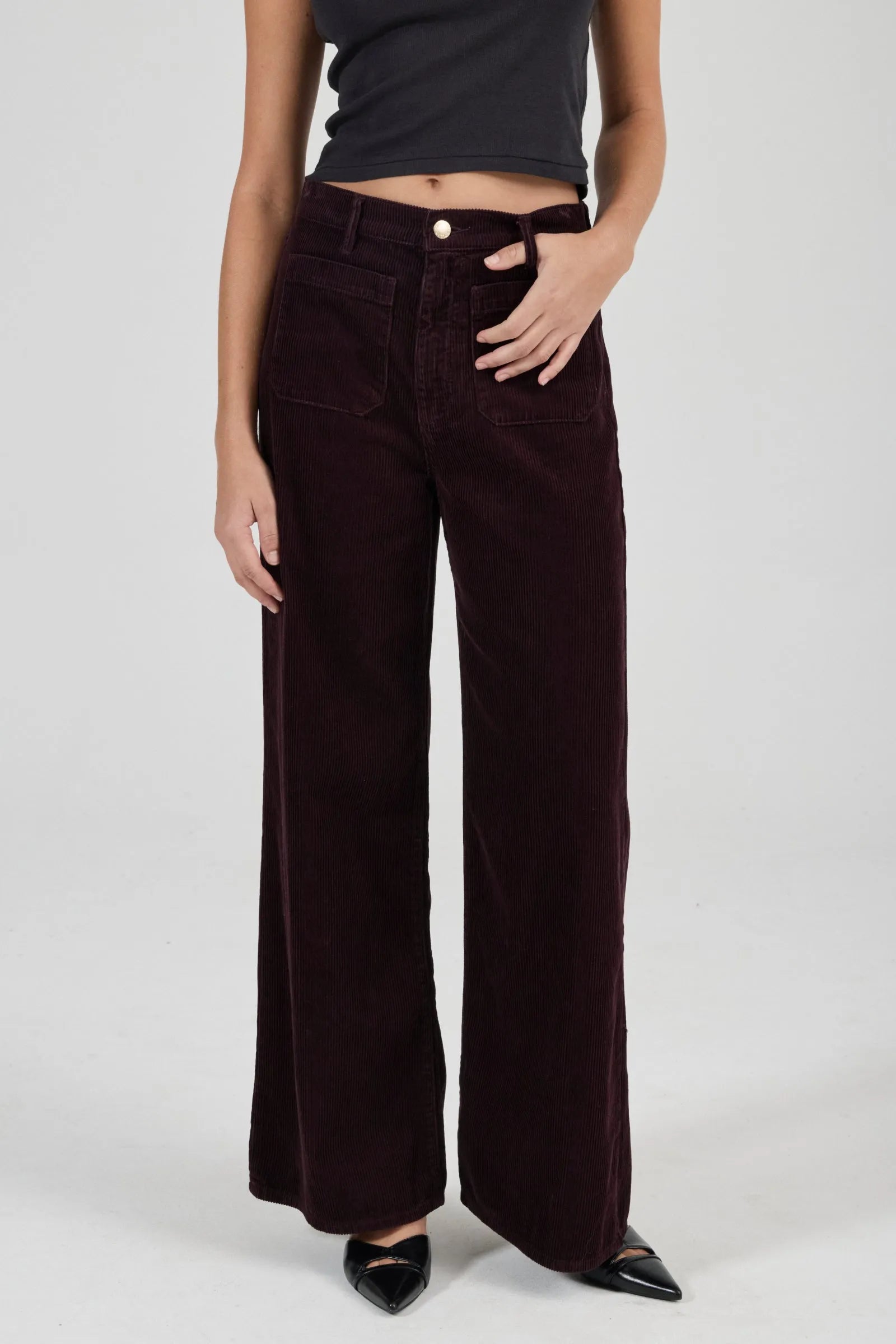 Person wearing dark brown wide-leg pants on a white background