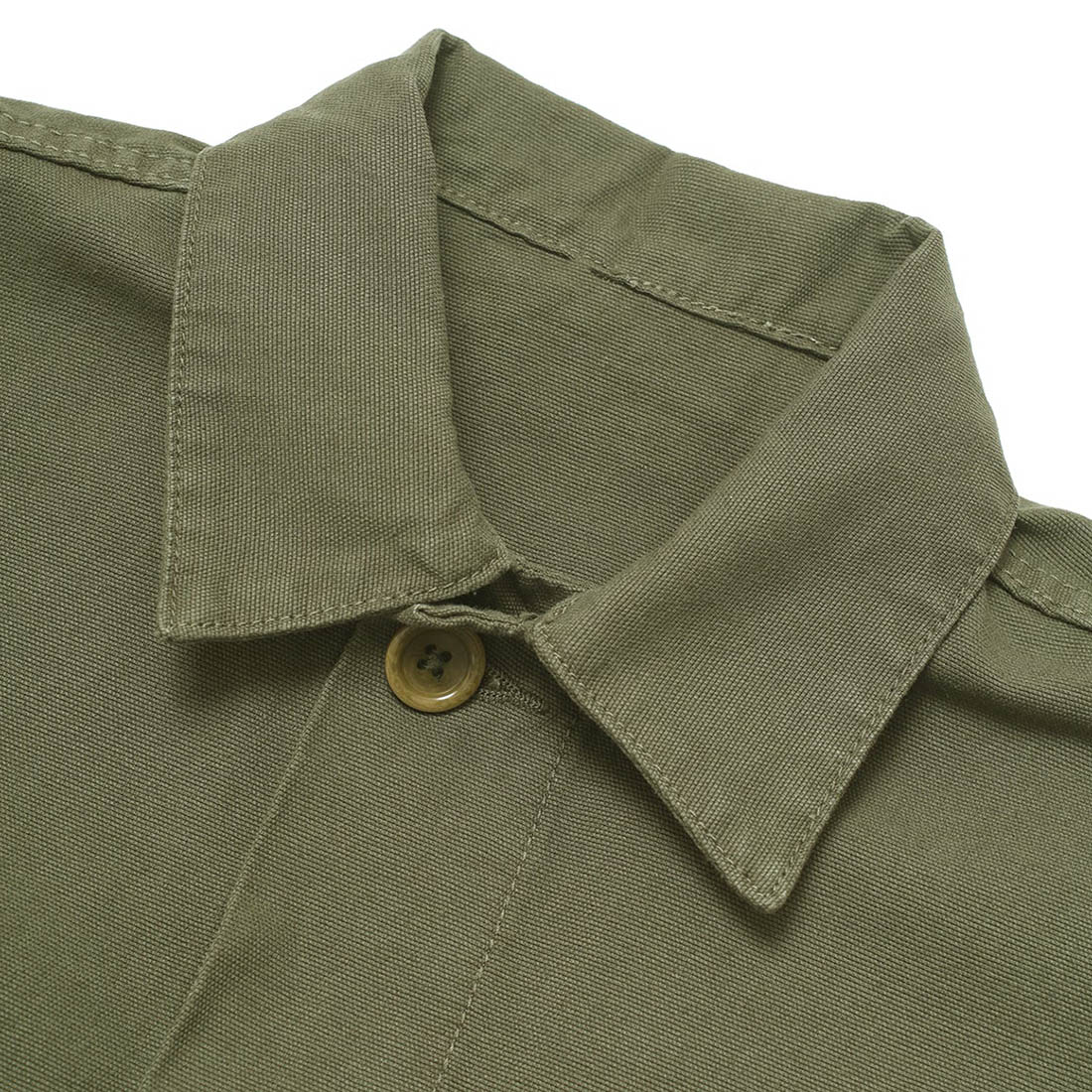 Close-up of a green shirt collar with a button on a white background