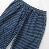 Blue pinstripe pants on a white background
